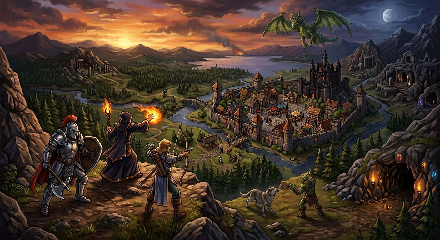 Illustrated adventurers overlooking a walled fantasy city at sunset, with a dragon above the valley