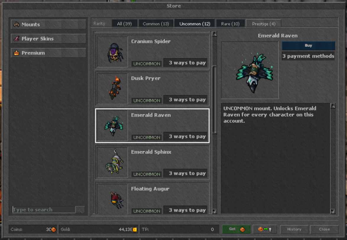 Sentibia in-game Store Mounts tab with rarity filters, mount list and Emerald Raven preview