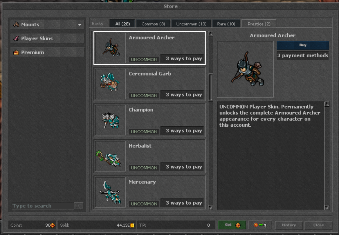 Sentibia in-game Store Player Skins tab with skin list and Armoured Archer preview