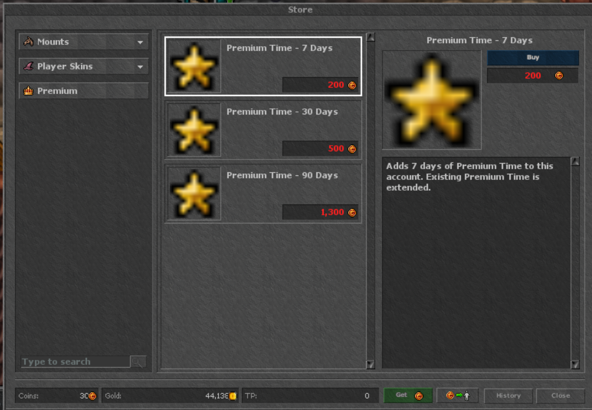 Sentibia in-game Store Premium tab with 7, 30 and 90 day Premium Time offers